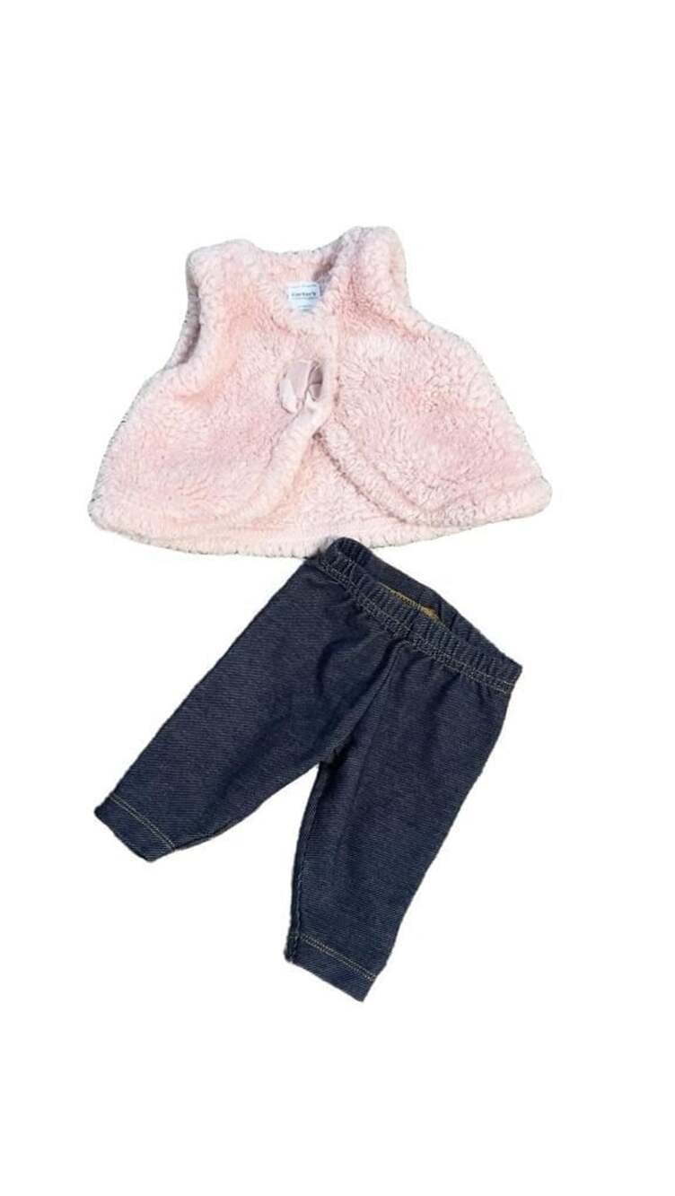 Carter's Pink Fuzzy Vest and Denim Pants Set